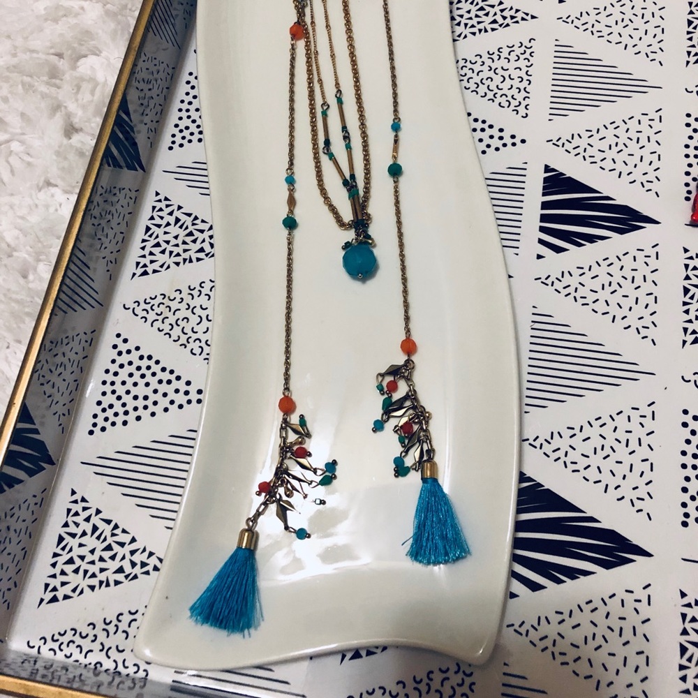 LOFT Aqua/blue & Gold Tassel Necklace